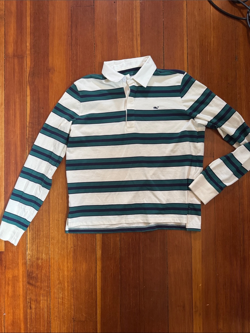 Vineyard Vines White, Teal & Navy Striped Long-Sleeve Polo